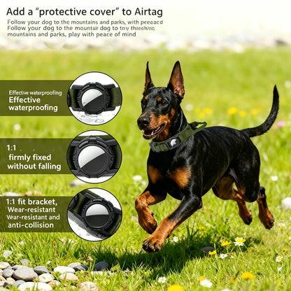 A black and tan dog running through a grassy field wearing a green pet harness, with three circular inset close-ups showing the harness details and marketing text about waterproofing and fit.