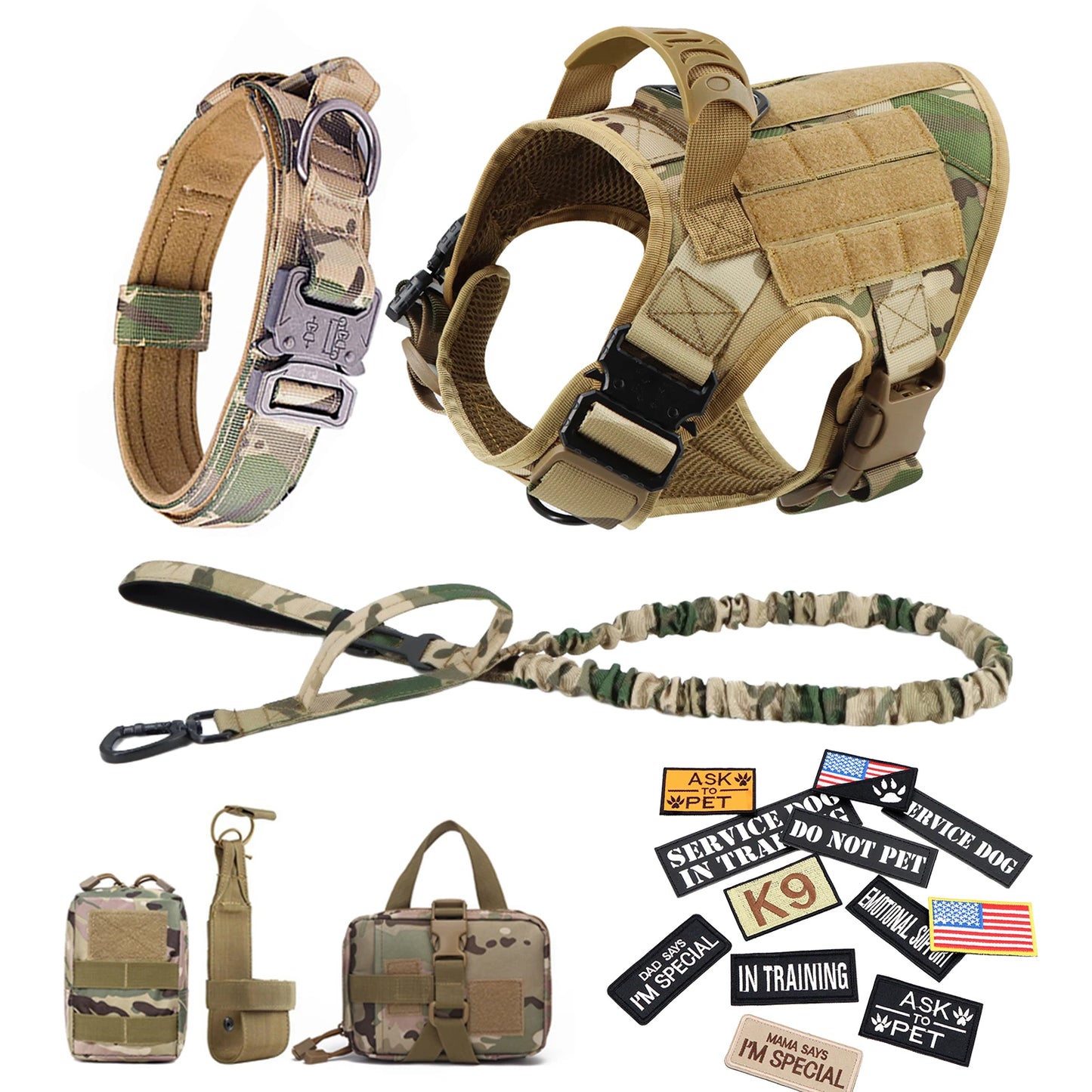 Military Large Dog Harness Collar Leash Bags Patches
