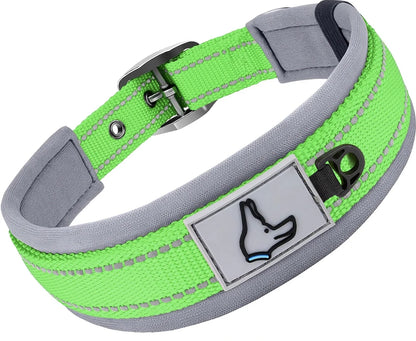 Neon green and gray dog collar with a reflective strip and a paw print design on a white background