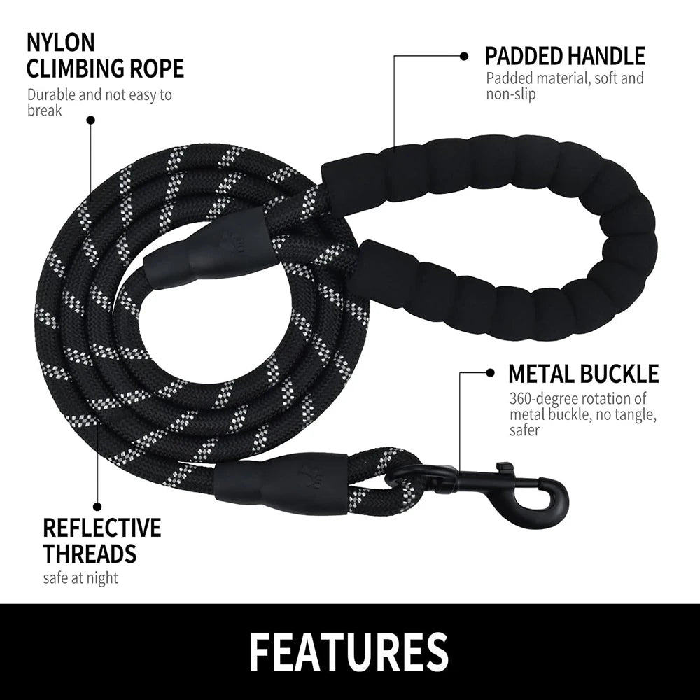 Dog Leash with Soft Padded Handle – Heavy‑Duty Reflective Rope Lead