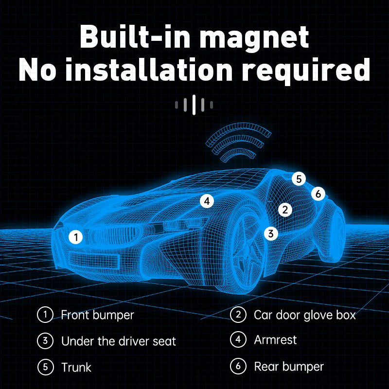 Blue wireframe car diagram with labeled parts on a black background, highlighting 'built-in magnet' feature.