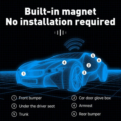 Blue wireframe car diagram with labeled parts on a black background, highlighting 'built-in magnet' feature.