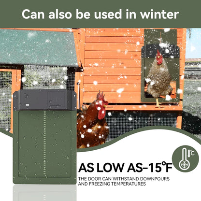 Chicken coop with a door open, showing chickens in a snowy environment, with text indicating it can be used in winter.