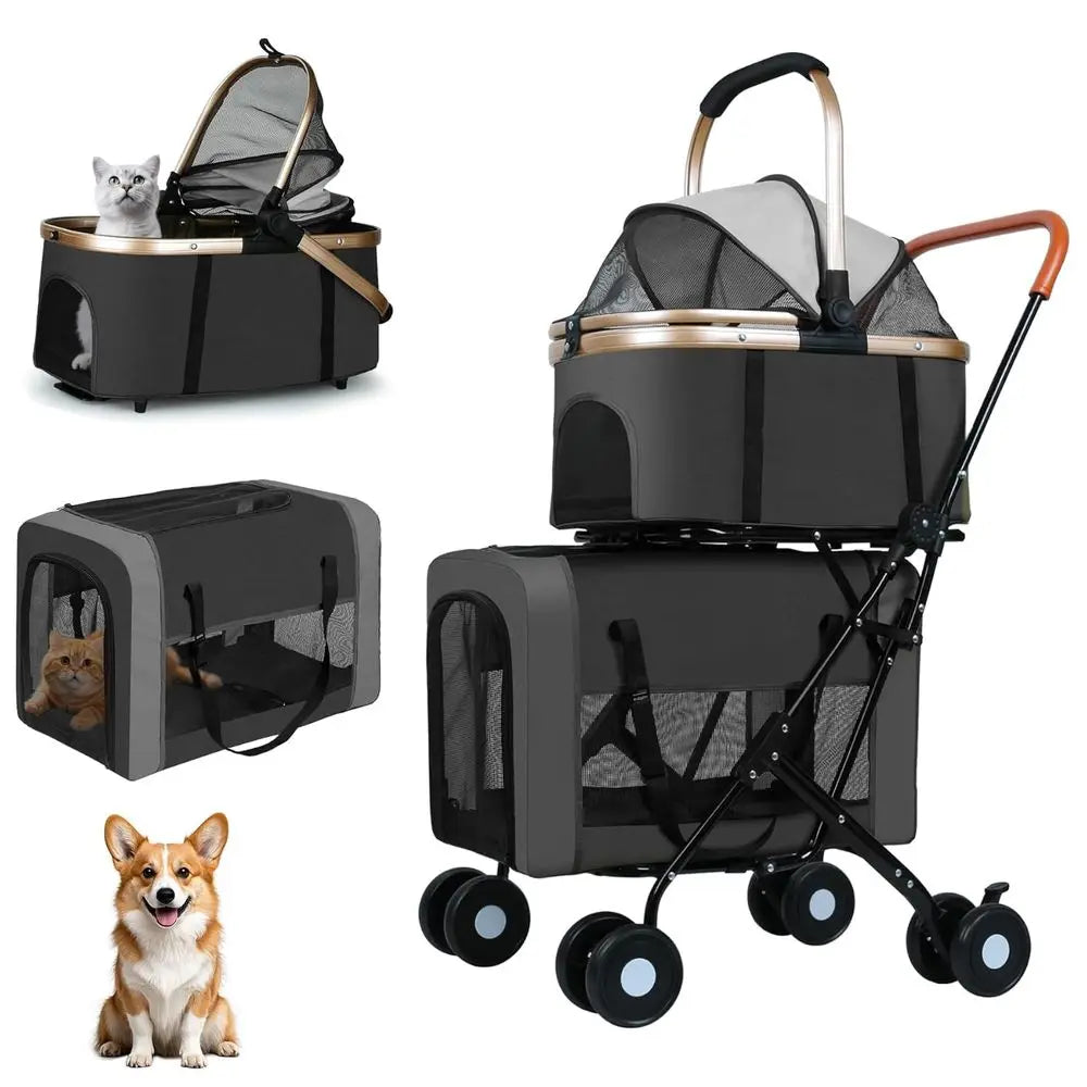Pet stroller with cat and dog illustrations on a white background