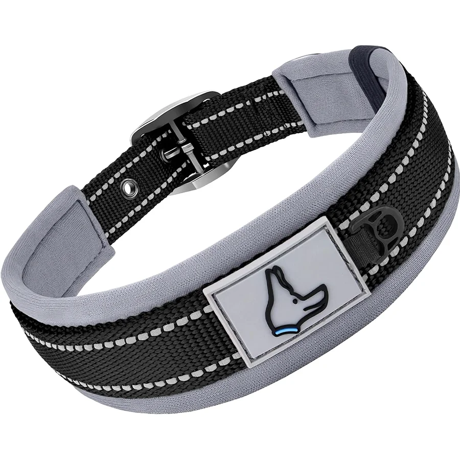 Gray and black dog collar with a unique design on a white background