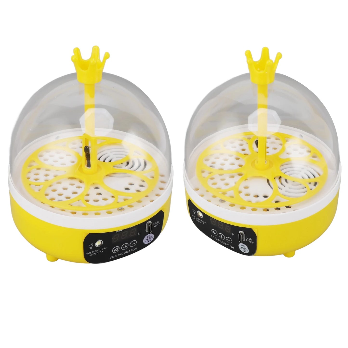 Two yellow and white egg incubators on a white background