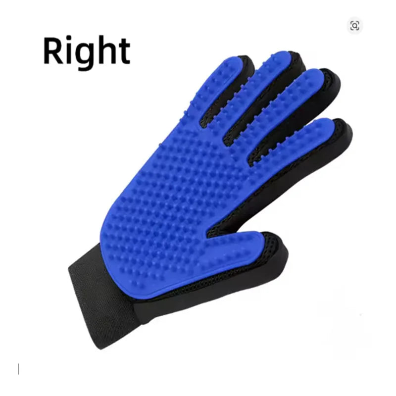 Blue right hand grooming glove with black accents on a white background