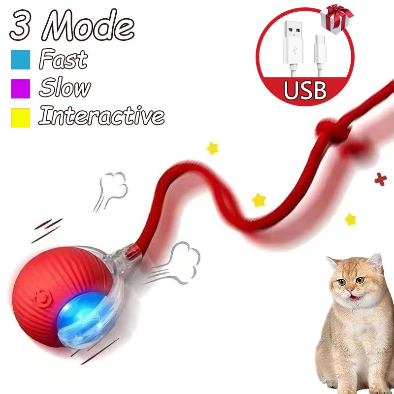 2Pcs Cat Interactive Ball Toys Automatic Rolling Ball Faux Tail Rechargeable