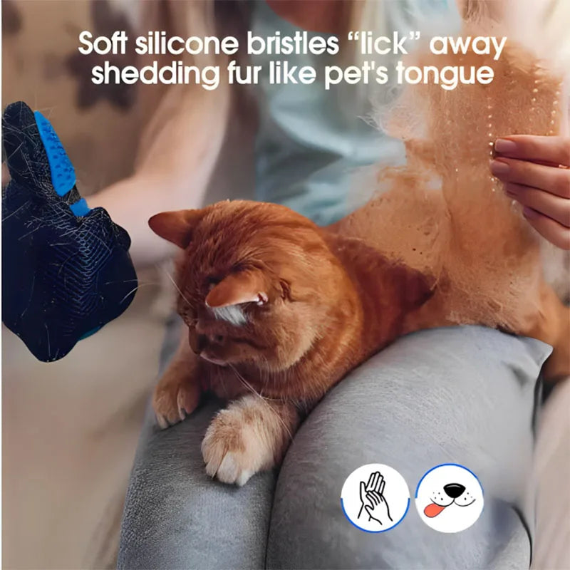 Cat being petted by a person with a grooming tool, text about soft silicone bristles.