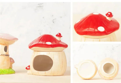 A collage showing a mushroom-shaped wooden house or container. The main panel shows the assembled item with a red cap, white spots, and a light natural wood body; a smaller panel shows a second similar item partly cropped on the left, and another panel shows the lid separated into two pieces.