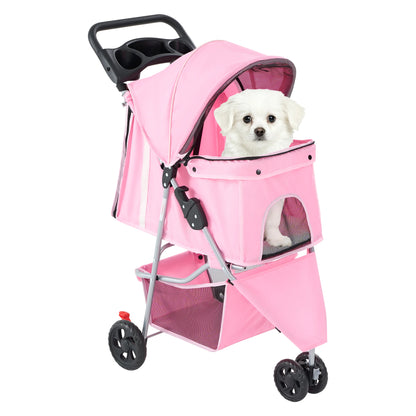 3 Wheels Foldable Stroller with Mesh Windows  Basket Cup Holder
