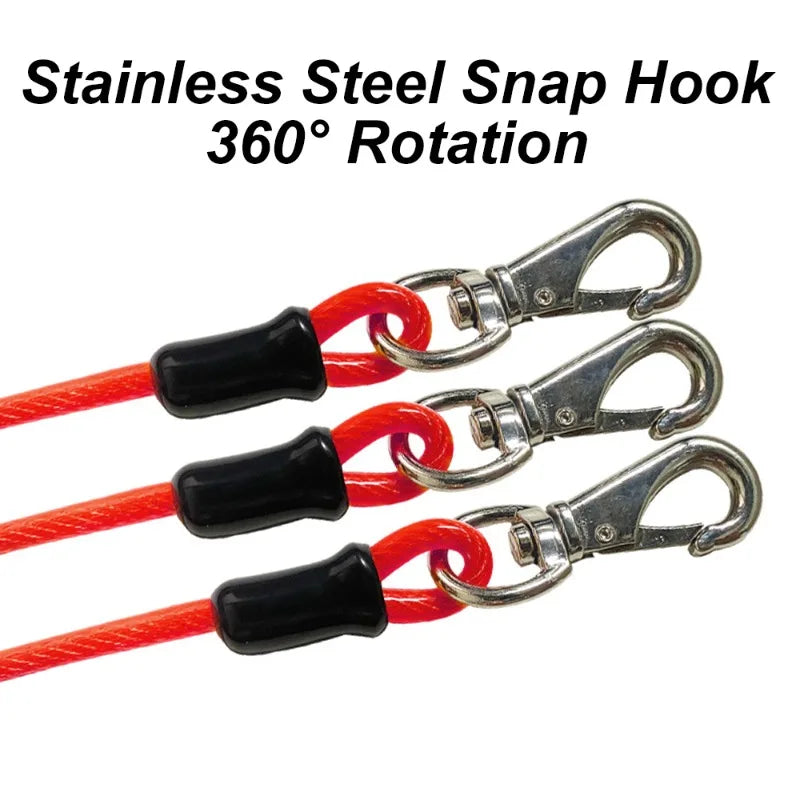 Three stainless steel snap hooks with red ropes and black clips on a white background.