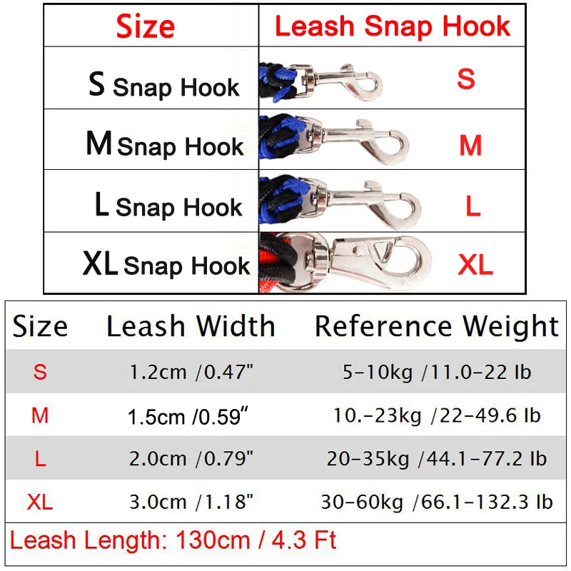 Size chart for leash snap hooks with corresponding leashes and weight references.