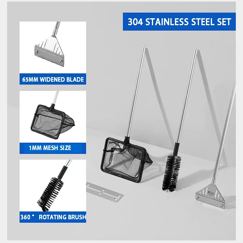 304 Stainless Steel Set with widened blade, 1mm mesh size, and 360 rotating brush on a gray background.