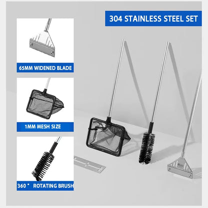 304 Stainless Steel Set with widened blade, 1mm mesh size, and 360 rotating brush on a gray background.