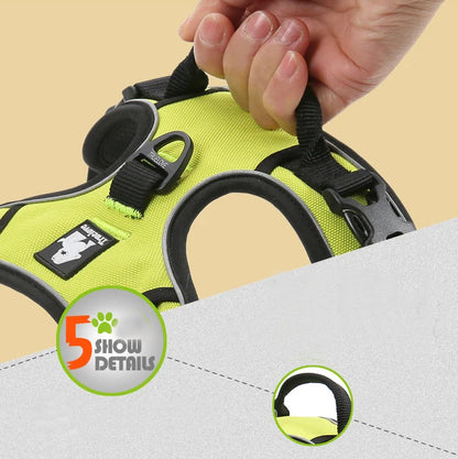 Green dog harness with black straps being adjusted by a hand on a beige background.