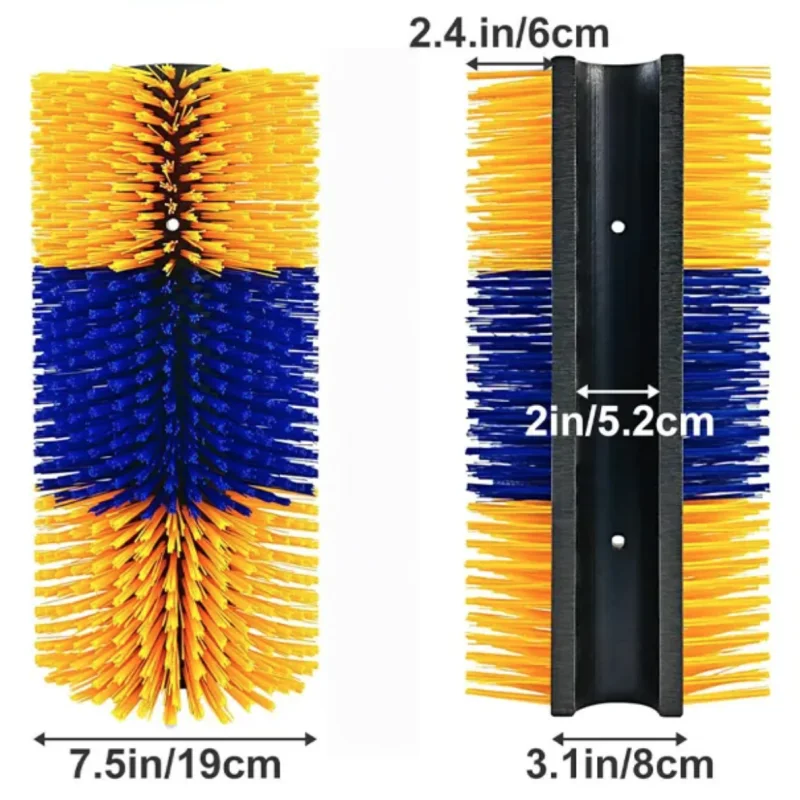 Cleaning brush with yellow and blue bristles and black handle, showing measurements.