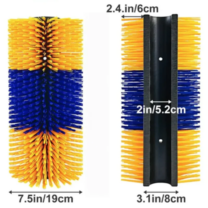Cleaning brush with yellow and blue bristles and black handle, showing measurements.