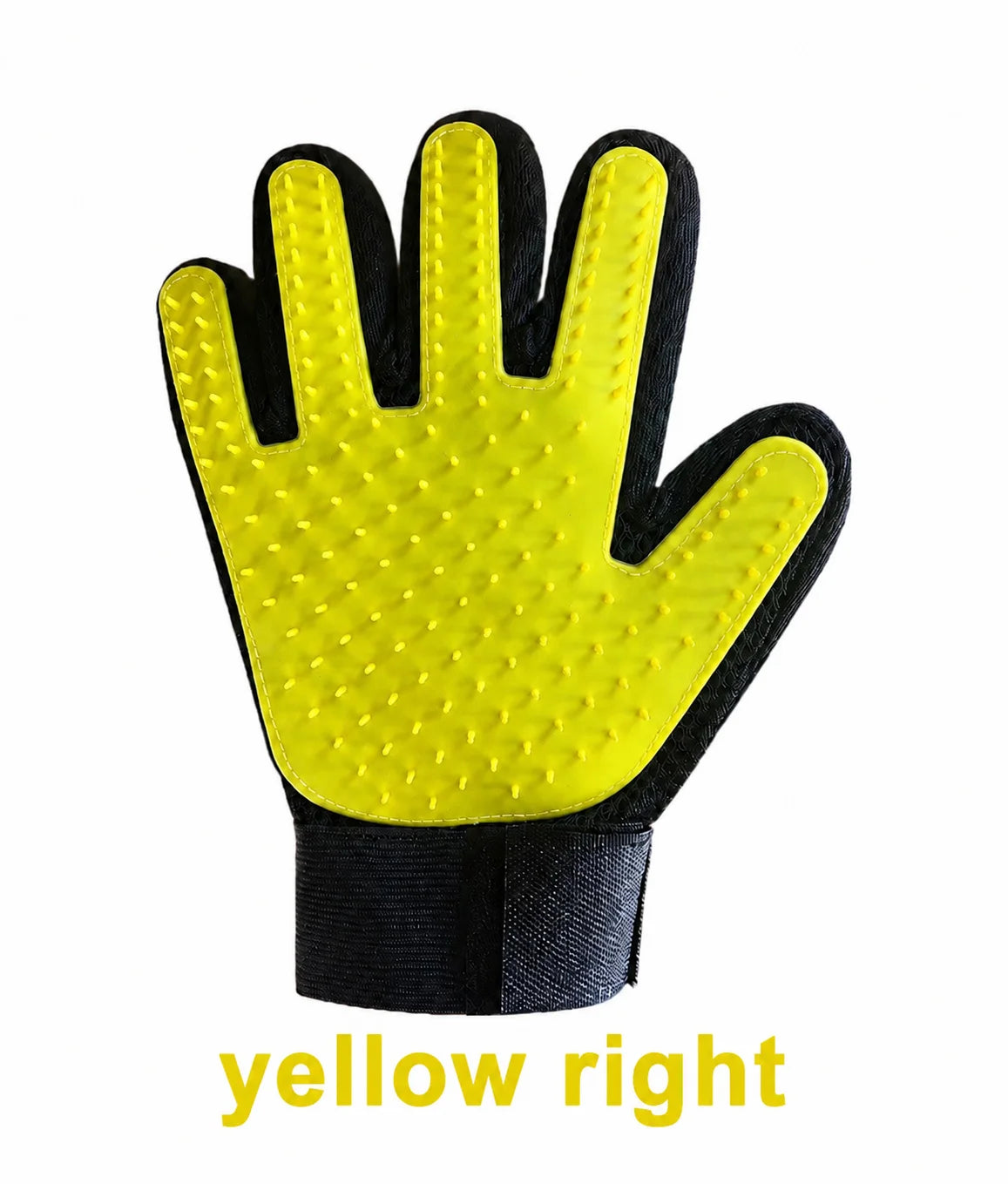 Yellow grooming glove with black accents on a white background