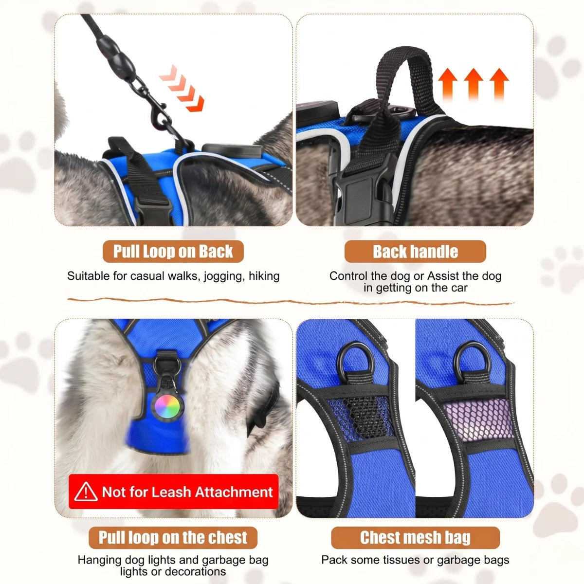 Dog harness with features highlighted on a light gray background with paw prints.