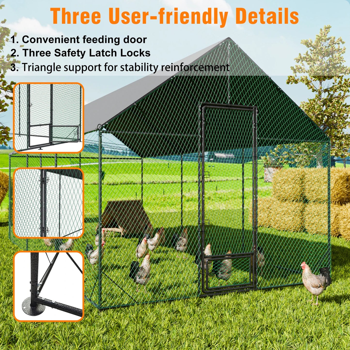 Large Upgrade Metal Chicken Coop Walk-in Poultry Run with Nylon Netting