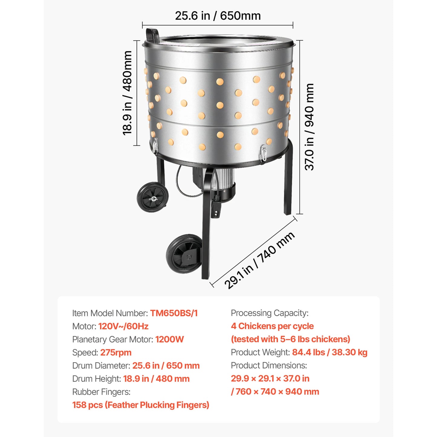 Chicken Plucker Machine 15.7in/19.7in/25.6in Drum