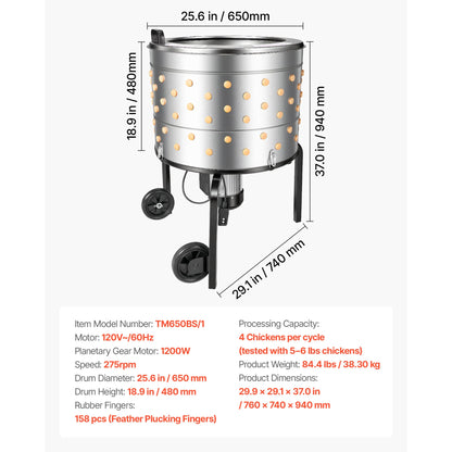 Chicken Plucker Machine 15.7in/19.7in/25.6in Drum