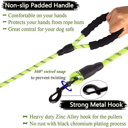 Dog leash with non-slip padded handle and strong metal hook, featuring text on benefits.