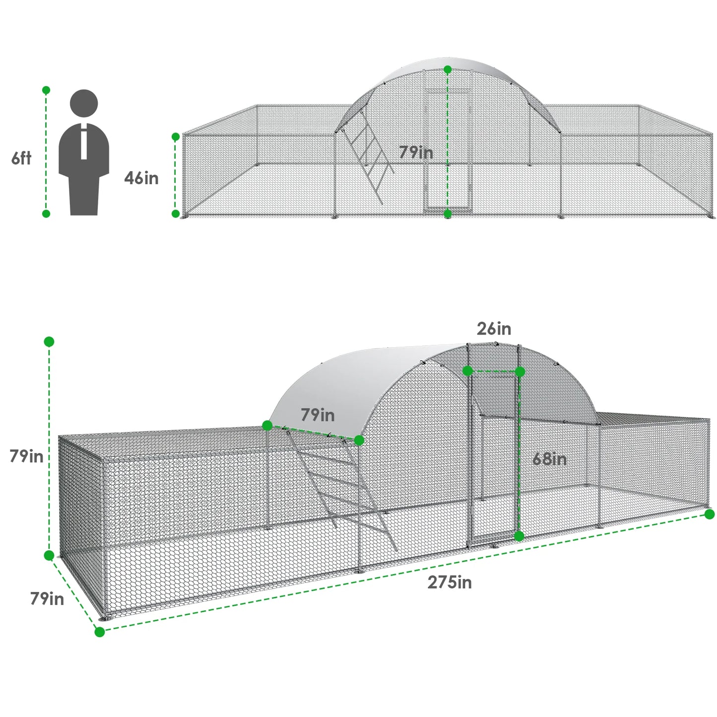 23ft Metal Chicken Coop 3-Room Dome-Roof Poultry Pen