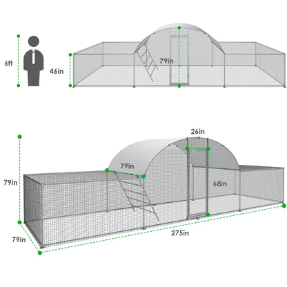 23ft Metal Chicken Coop 3-Room Dome-Roof Poultry Pen