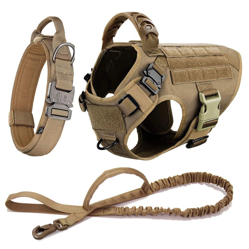 Tan dog harness, collar, and leash set on a white background