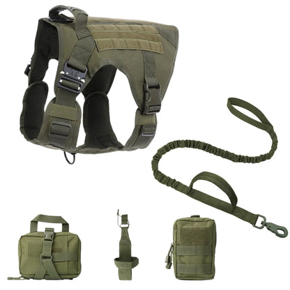 Green tactical dog harness with leash and pouches on a white background