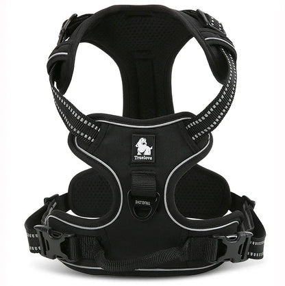 Black dog harness with reflective straps on a white background