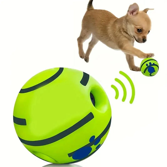 Dog toy resembling a tennis ball with a dog playing with it on a white background