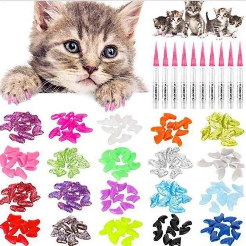 A collage showing a kitten with painted claws, a set of small kitten figurines, and multiple colored nail-painting marker pens arranged on a white background. The image appears to advertise cat nail dyes or nail painting supplies.