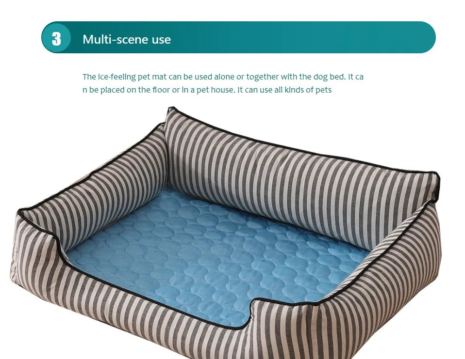 Pet bed with striped exterior and blue interior on a white background