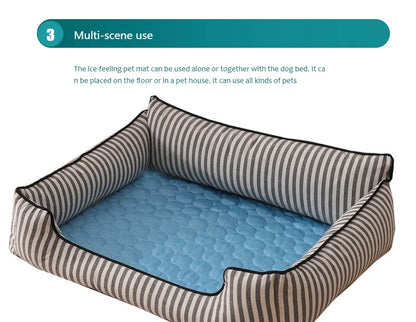 Pet bed with striped exterior and blue interior on a white background