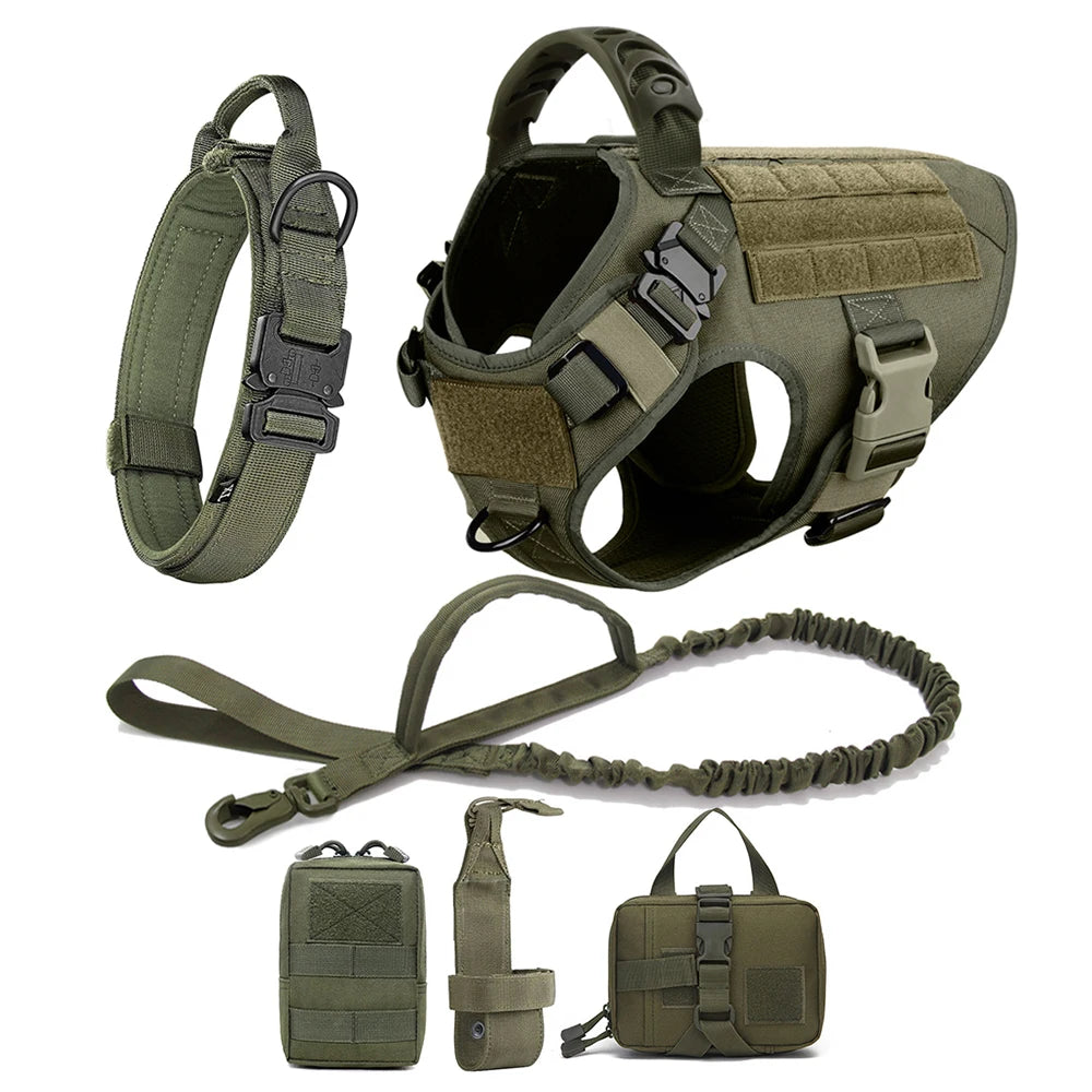 Olive green tactical dog harness with accessories on a white background