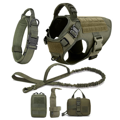 Olive green tactical dog harness with accessories on a white background