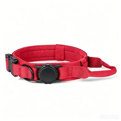 A red tactical dog collar with a black plastic quick-release buckle, a black metal ring, and an adjustable strap, shown on a white background.
