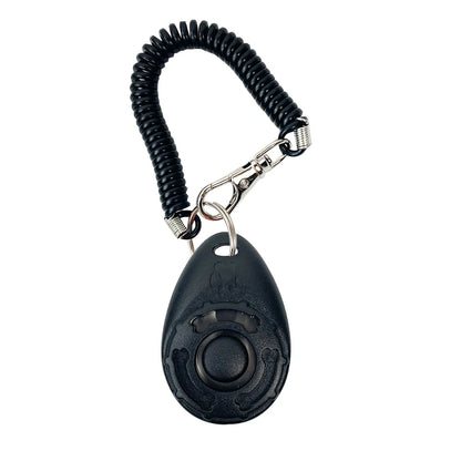 Black self-defense keychain with coiled rope on a white background