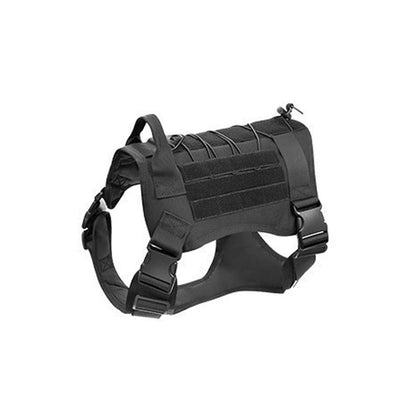 A black tactical dog harness with adjustable straps and MOLLE webbing on the back, shown against a plain white background.