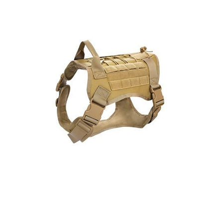 A tan tactical dog harness with MOLLE webbing on the back, adjustable straps, and plastic quick-release buckles, shown against a plain white background.