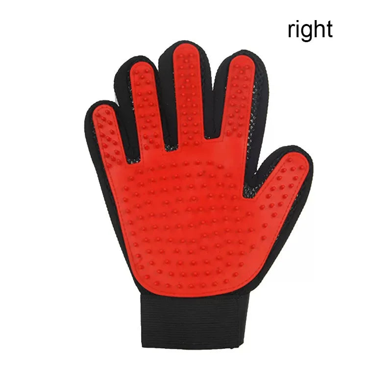 Red grooming glove with black accents on a white background