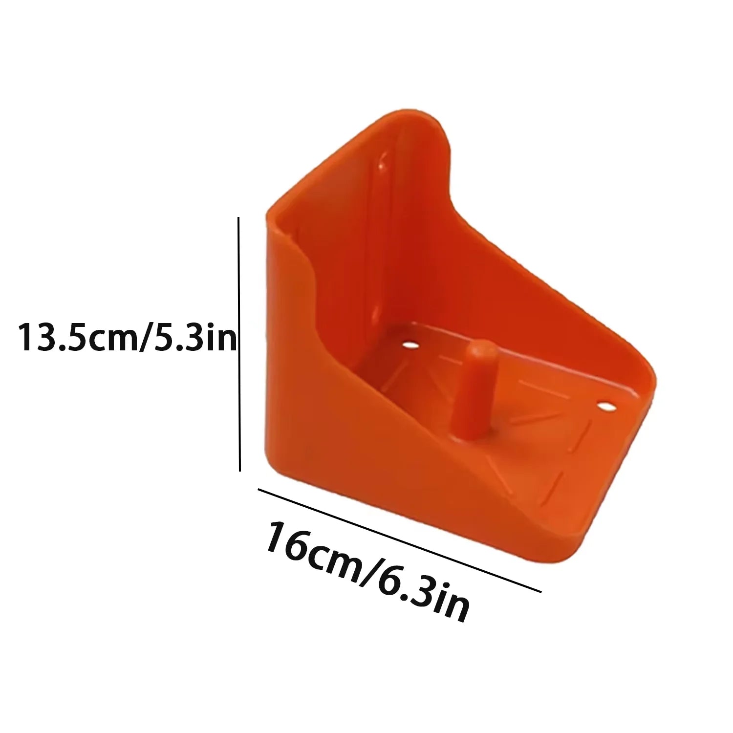 An orange plastic corner shelf or wall mount shown on a white background with dimension labels indicating 13.5 cm height and 16 cm width.