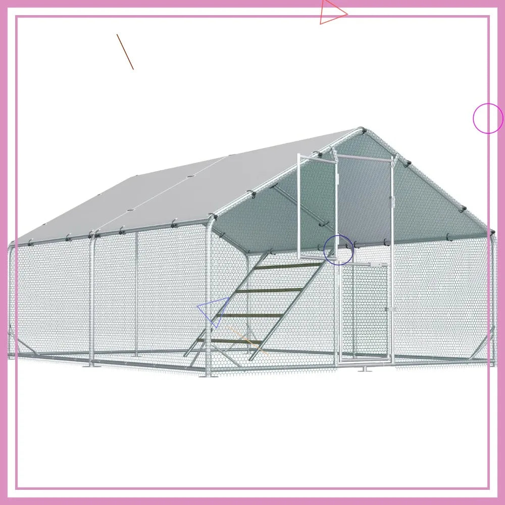 Metal Chicken Coop with Anti-UV Cover, Walk-in Pen