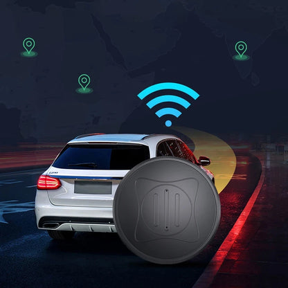 Smart car tracker device with a car on a road at night, showing a Wi-Fi symbol.