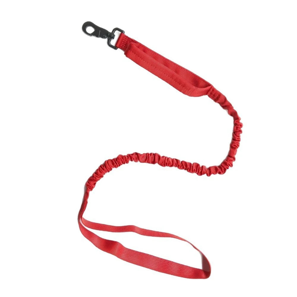 A red elastic dog leash with a black metal clip attachment, shown on a plain white background.