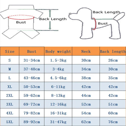 Measurement chart for dog clothing with bust, back length, neck, and body weight dimensions.