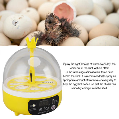 Yellow and white egg incubator with a clear dome lid and a small chick figurine inside, shown over a background of eggs and a baby chick. Text on the right explains incubation watering tips.